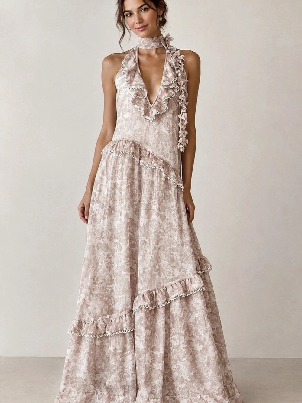 BHLDN High-Neck Ruffle Organza maxi dress Floral Sz XS NEW READ